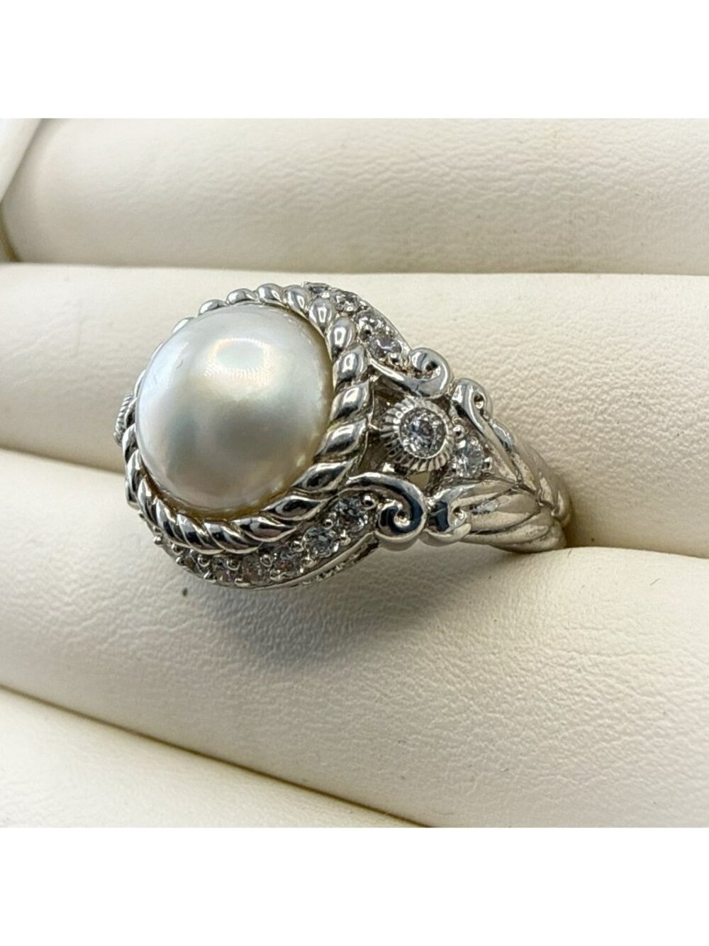 Judith Ripka Ring Pearl Halo White Sterling Silver size 9 Cable Rope CZ 925 QVC